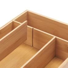 Bamboo drawer organizer insert with angled dividers and small square compartments