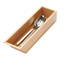 Bamboo drawer organizer insert with a long slot for a ladle and serving spoon