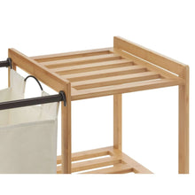 Bamboo laundry station side view with hanging bag and slatted top shelf