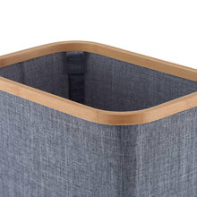 Gray fabric laundry hamper insert with bamboo rim, bamboo laundry station