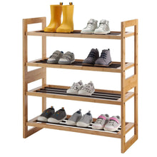 Bamboo shoe rack with three shelves, featuring dark slat trays for shoes