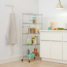 5-tier metal storage rack with wire shelves and wheels, holding pantry containers
