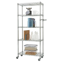 5-tier wire storage rack with four shelves and casters, standing upright