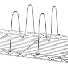 Wire shelf with upright bottle-stand loops on a metal storage rack