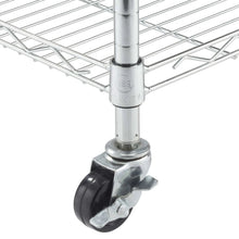 Adjustable base with caster wheel attached to the metal storage rack frame