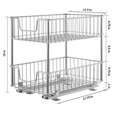 Two-tier wire drawer with pull-out slides, front view with size labels