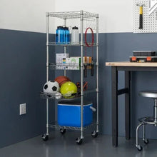 5-tier metal wire storage rack with wheels, holding supplies and bins on shelves