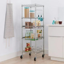 5-tier metal wire storage rack with hanging hooks and stocked food containers