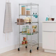 5-tier metal wire storage rack on wheels with hanging hooks and pantry containers