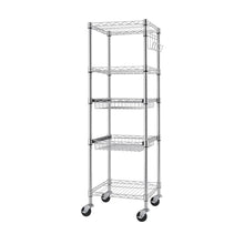 5-tier metal wire storage rack with five open shelves and four caster wheels