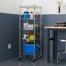 5-tier metal wire storage rack on wheels with baskets and bins for supplies