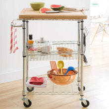 TRINITY bamboo-top kitchen cart with wire shelves, drawers, and hanging utensil hooks