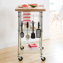 Bamboo-top kitchen cart with hanging cookware, wire shelves, and rolling base