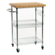 Bamboo-top kitchen cart with two wire shelves and side utensil bar, on caster wheels