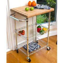 Bamboo-top kitchen cart with wire shelves and produce on top, rolling casters