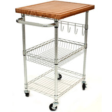 Bamboo-top kitchen cart with two wire shelves, side hanging hooks, and locking casters