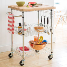 Bamboo-top kitchen cart with wire shelves, utensil hooks, and front caster wheels.