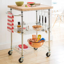 Bamboo-top kitchen cart with wire shelves, hanging utensils, and cookware on lower basket