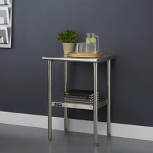 Stainless steel NSF certified table with flat top and lower shelf, four tubular legs