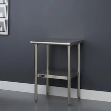 Stainless steel NSF table with square top, open lower shelf, and four straight legs