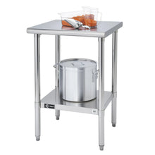 Stainless steel table with upper work surface and lower shelf holding a large pot