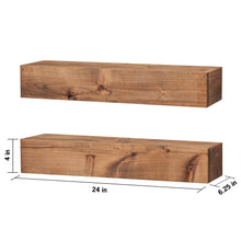 Walnut floating shelf with size details: 24 in L, 4 in H, 6.25 in D.