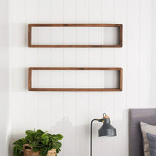 Two floating box shelves on wall, rustic brown wood, open rectangular compartments