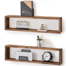 Floating box shelf pair with rustic wood frames and open compartments, styled with decor