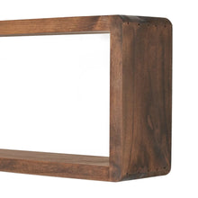 Rustic wood floating shelf side panel with open box frame and rounded edges