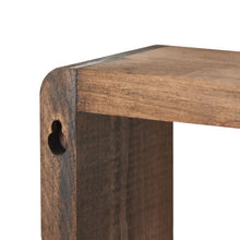 Rustic wood box shelf corner with black mounting hook and open frame