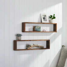 Floating wood box shelf set with two shelves on wall and open rectangular boxes