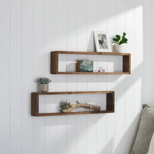 Wall-mounted floating box shelves, two-pack, rustic wood finish with open compartments