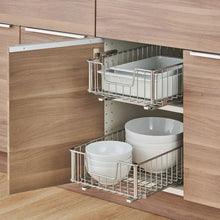 Wire drawer organizer with two-tier baskets and sliding rails for kitchen storage