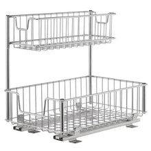 Two-tier chrome wire undersink organizer basket with side hooks