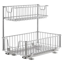 Two-tier wire under-sink organizer with slide rail, silver metal storage baskets
