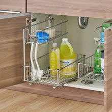 Two-tier wire under-sink organizer with sliding rail, silver metal, open storage shelves