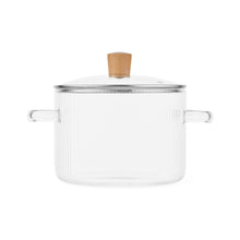 Glass borosilicate pot with lid and bamboo knob, clear body and side handles.