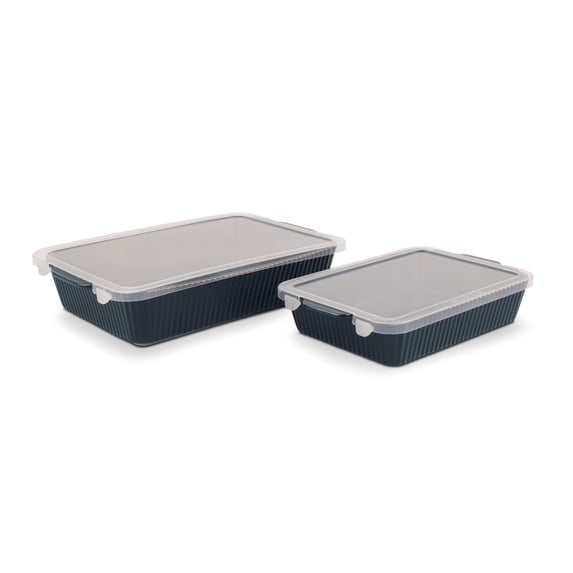 Thyme & Table 4-Piece Stoneware Casserole Dish Bakeware Set, Includes Lids, 9"x13" , 7"x10" Bakers With Lids , White Ribbed