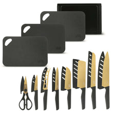 20-piece knife set with black sheaths, cutting mats, and assorted black-handled knives