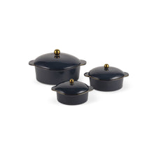 Ceramic casserole set in Atlantic blue with three covered pots and gold knob lids