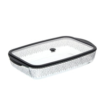 Glass baking dish with lid, leaf pattern, black rim and handle trim