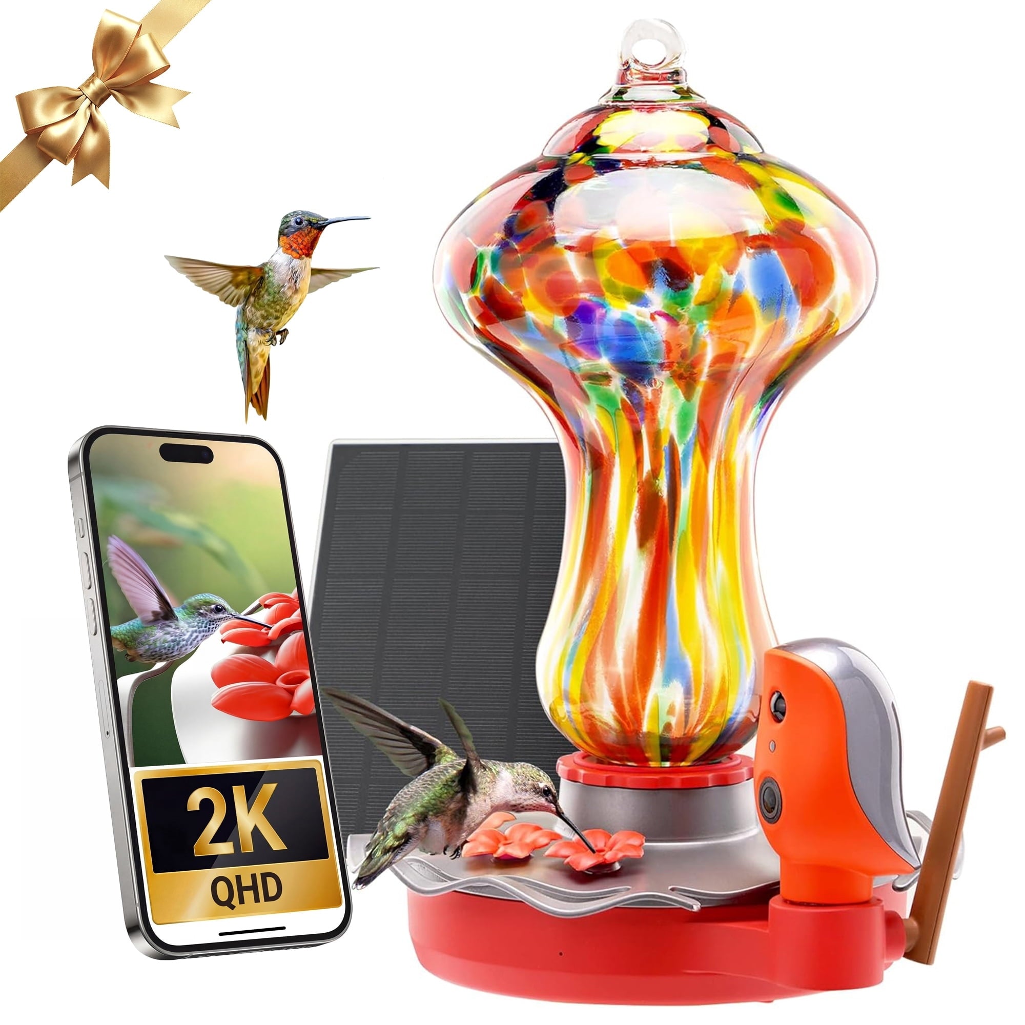 TT Nature Smart Glass Hummingbird Feeder with Camera, 2K HD Video Solar Powered , AI Bird Identification, Ant Moat & Water Monitor, Ideal Gift