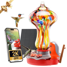 Red glass hummingbird feeder with solar panel base and smartphone camera view