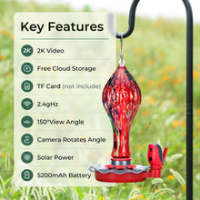 Red glass hummingbird feeder with key features list and rotating camera view