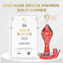 Red glass hummingbird feeder with award certificate and base
