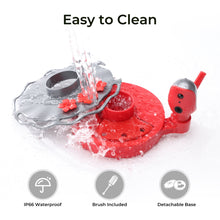Red and silver hummingbird feeder base with water splash and cleaning icons