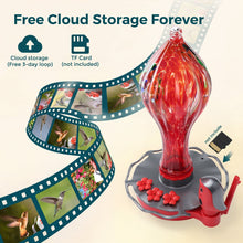 Red glass hummingbird feeder with film-style cloud storage graphic and base
