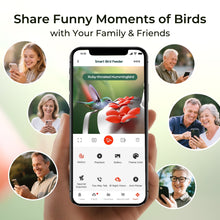 Red glass hummingbird feeder with smartphone app screen showing birds at feeder