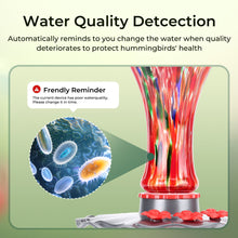 Red glass hummingbird feeder with water quality reminder graphic