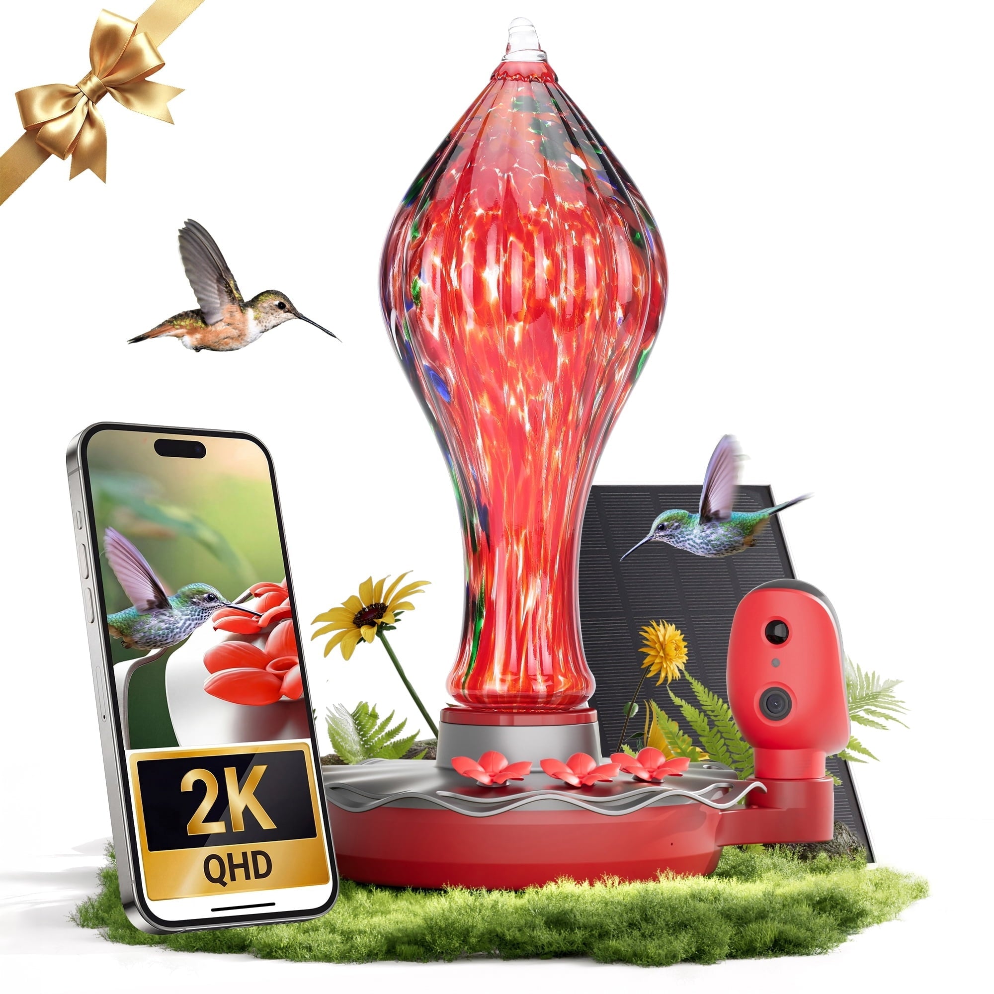 TT Nature Smart Glass Hummingbird Feeder with Camera, 2K HD Video Solar Powered , AI Bird Identification, Ant Moat & Water Monitor, Ideal Gift